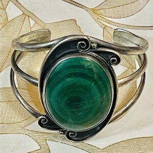 VTG Southwest Sterling Malachite Cuff Bracelet  63 G Sz 6”